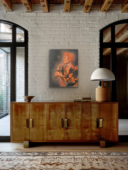 Painting of woman in orange headwrap and floral dress