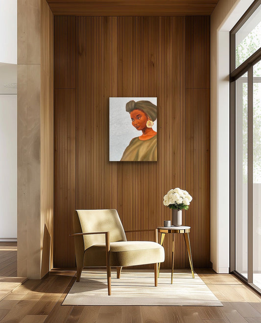 Rock oil painting of woman with green headwrap, dress and flower earring