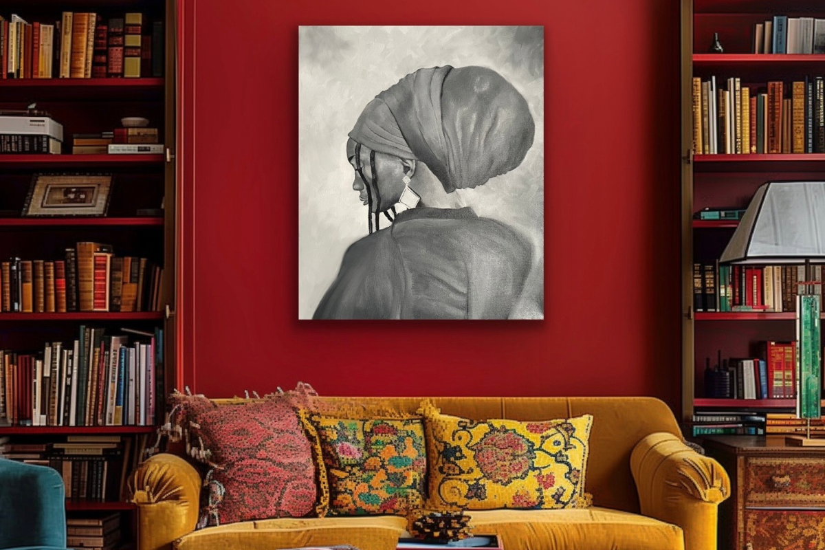 Black and white painting of woman with headwrap