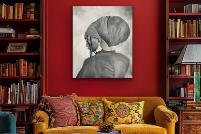 Black and white painting of woman with headwrap