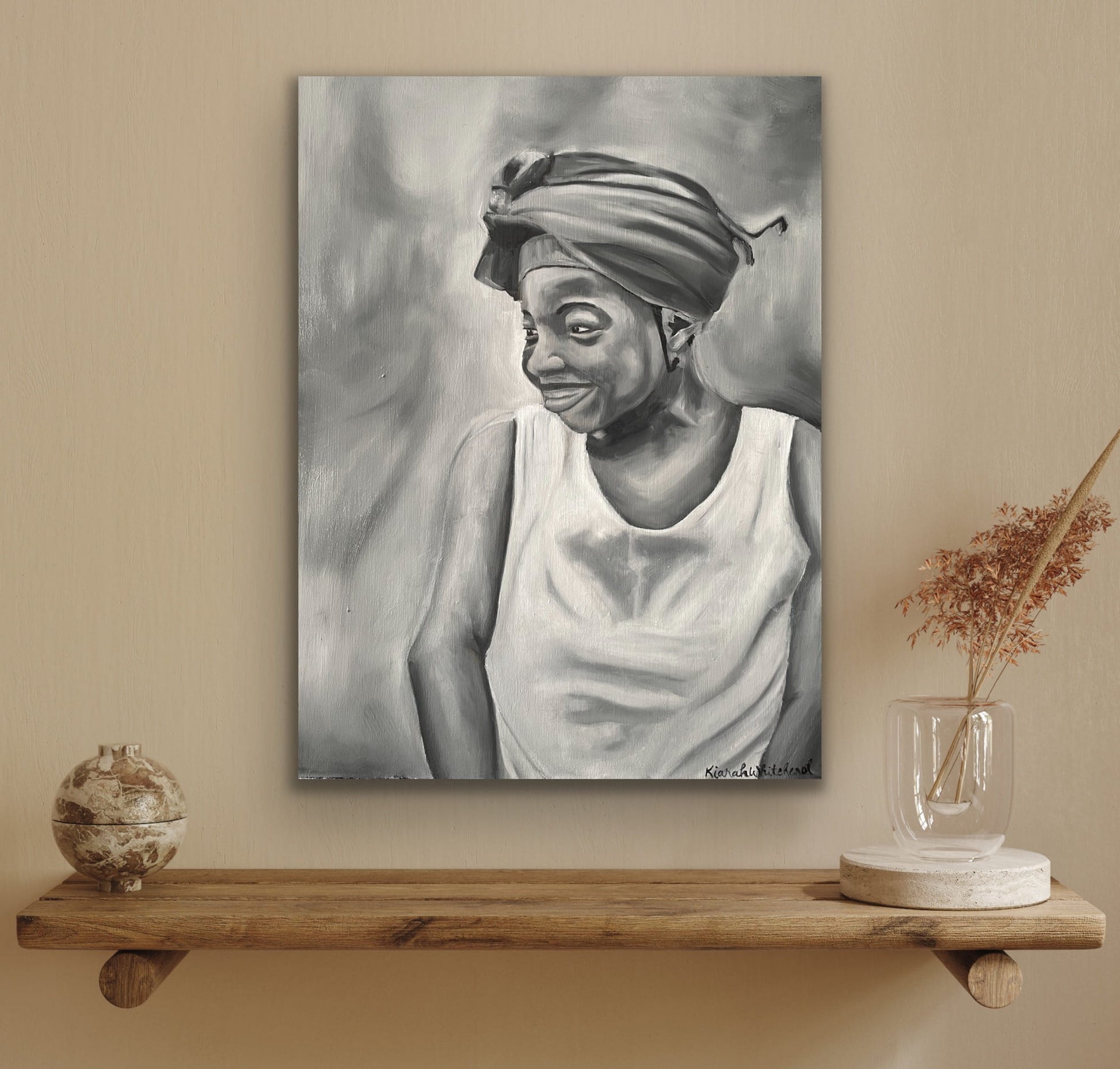 Black and white oil painting of girl with headwrap
