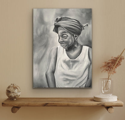 Black and white oil painting of girl with headwrap