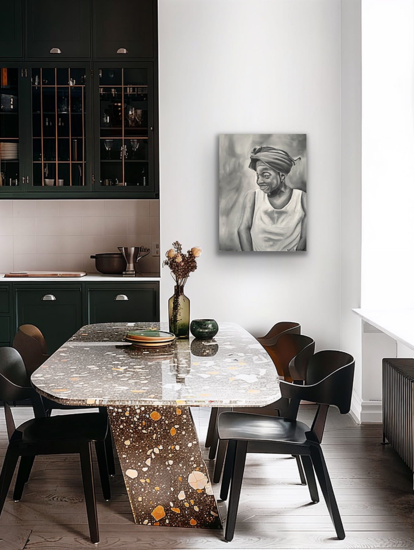 Black and white oil painting of girl with headwrap