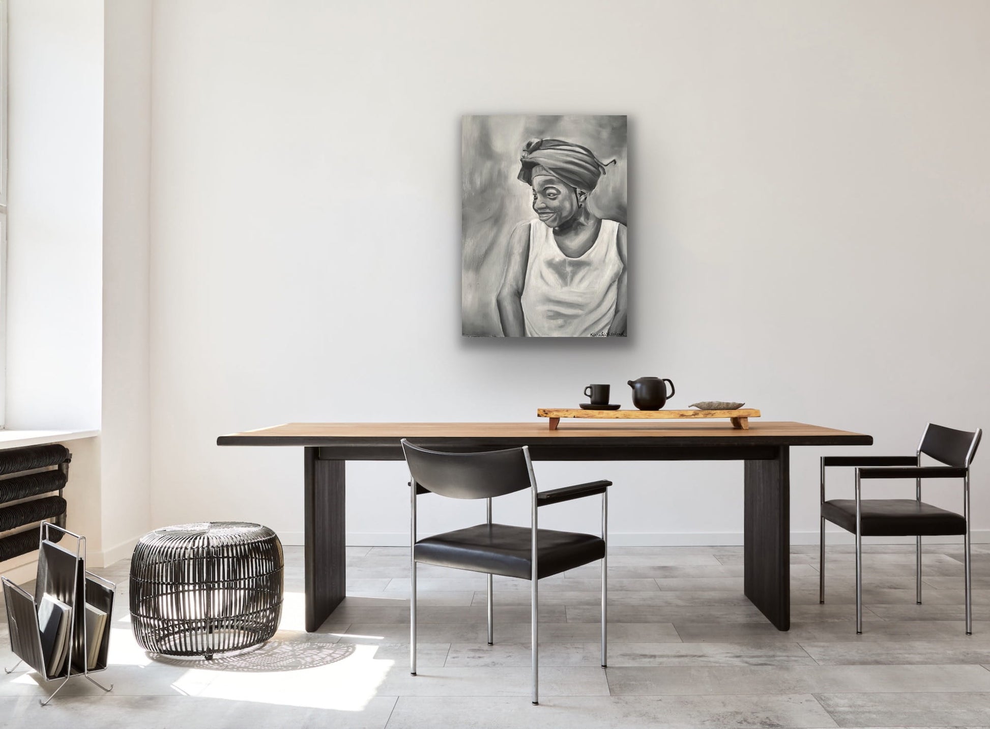 Black and white oil painting of girl with headwrap