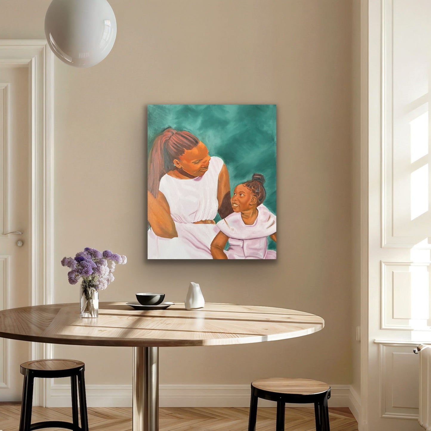 Mother and daughter smiling at each other on green background