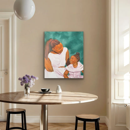 Mother and daughter smiling at each other on green background