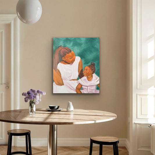 Mother and daughter smiling at each other on green background