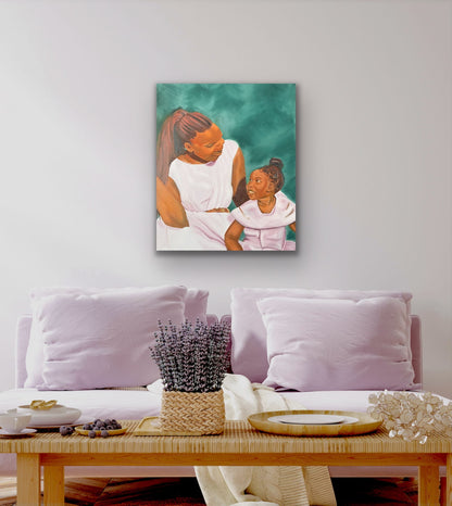 Mother and daughter smiling at each other on green background