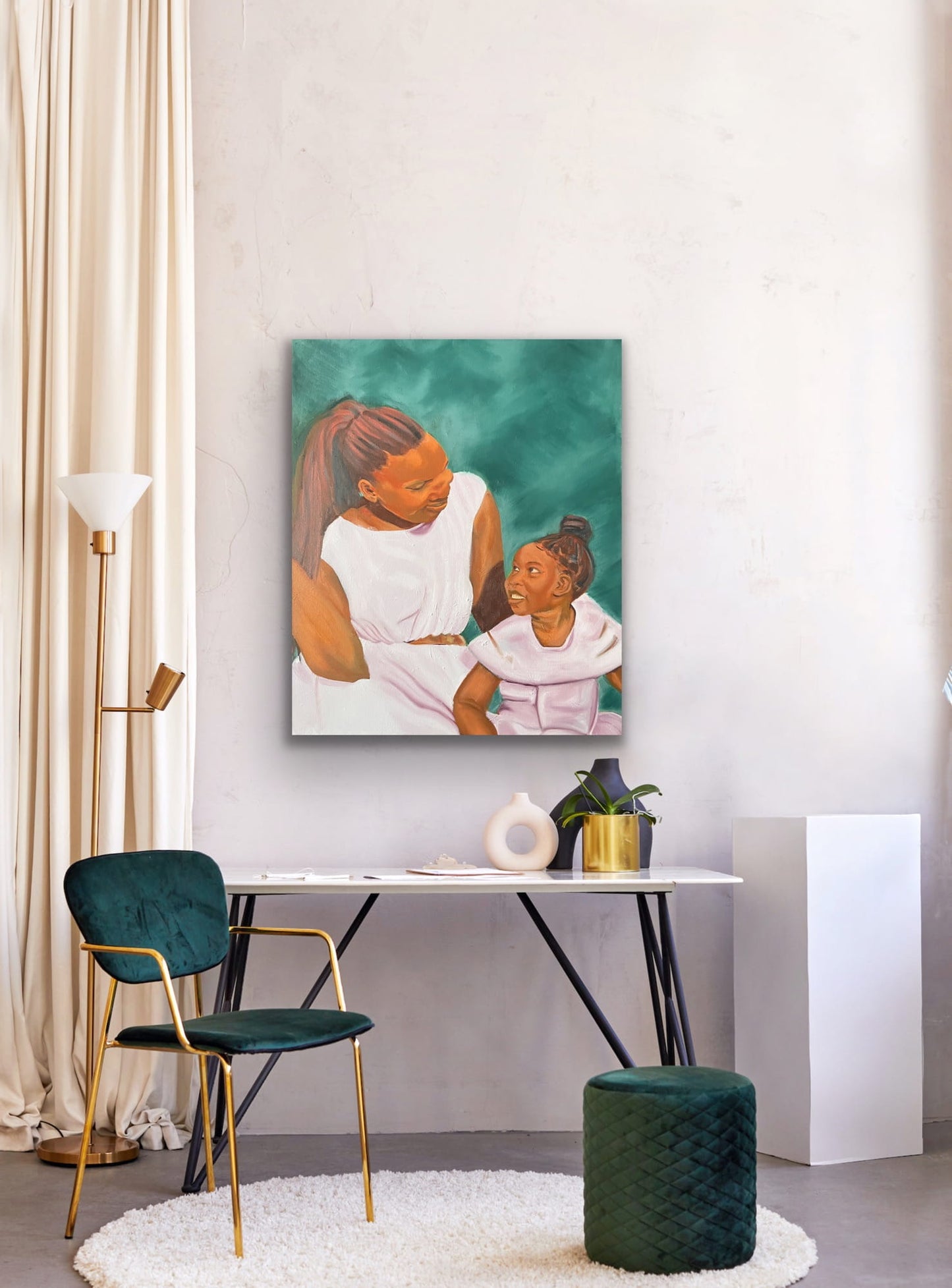 Mother and daughter smiling at each other on green background