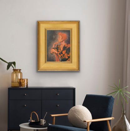 Painting of woman in orange headwrap and floral dress