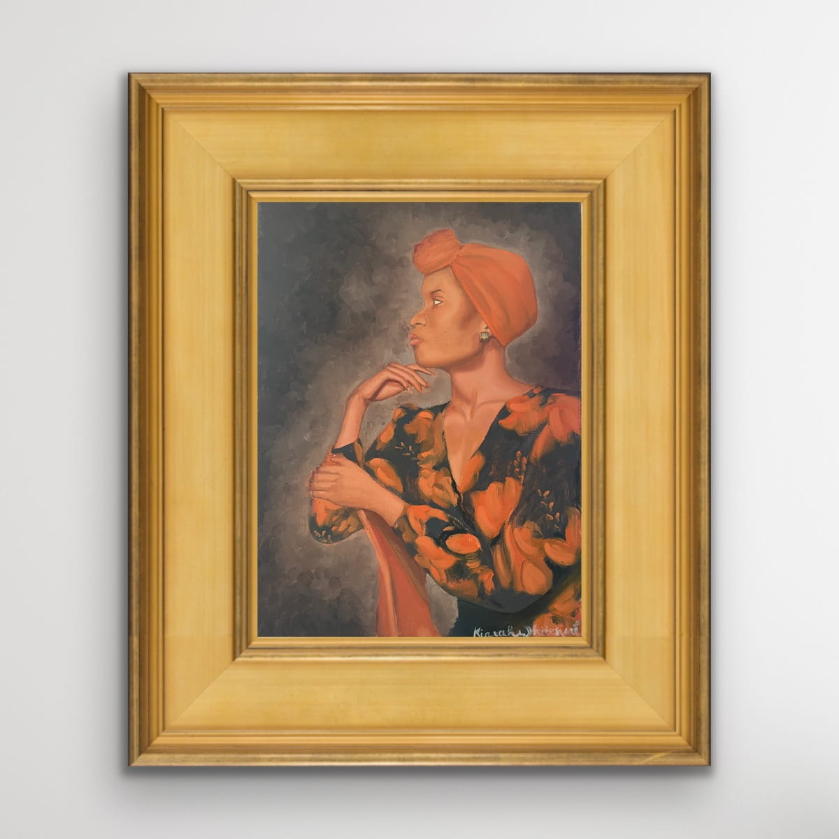 Painting of woman in orange headwrap and floral dress