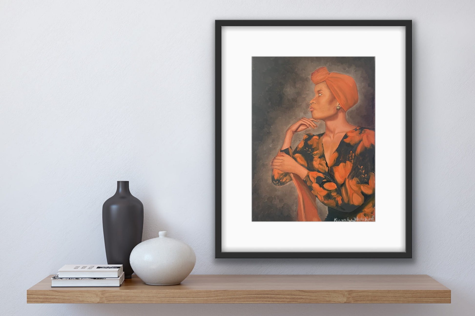 Painting of woman in orange headwrap and floral dress