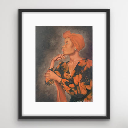 Painting of woman in orange headwrap and floral dress