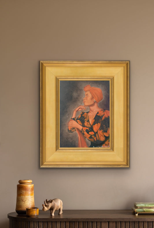 Painting of woman in orange headwrap and floral dress