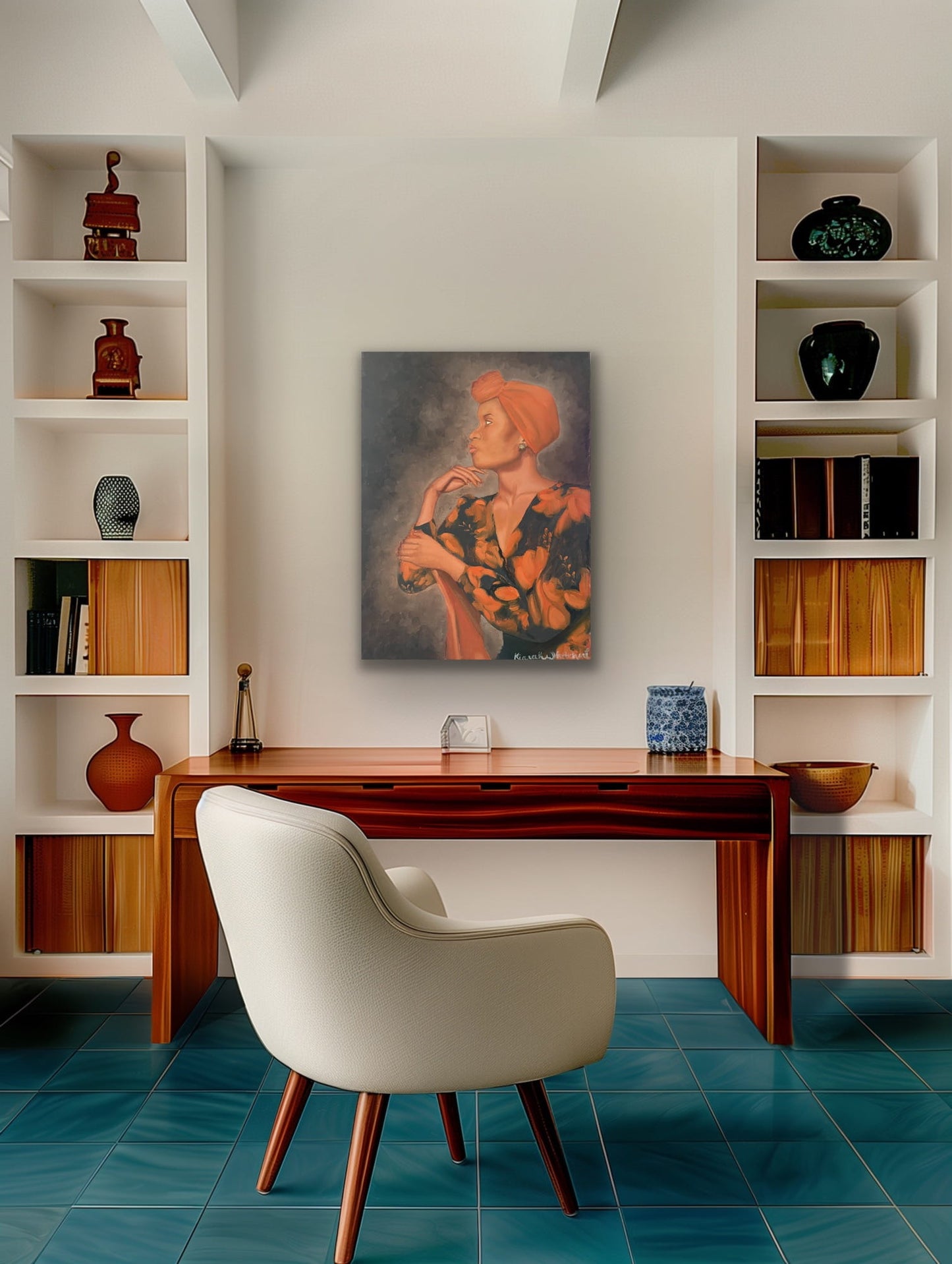 Painting of woman in orange headwrap and floral dress