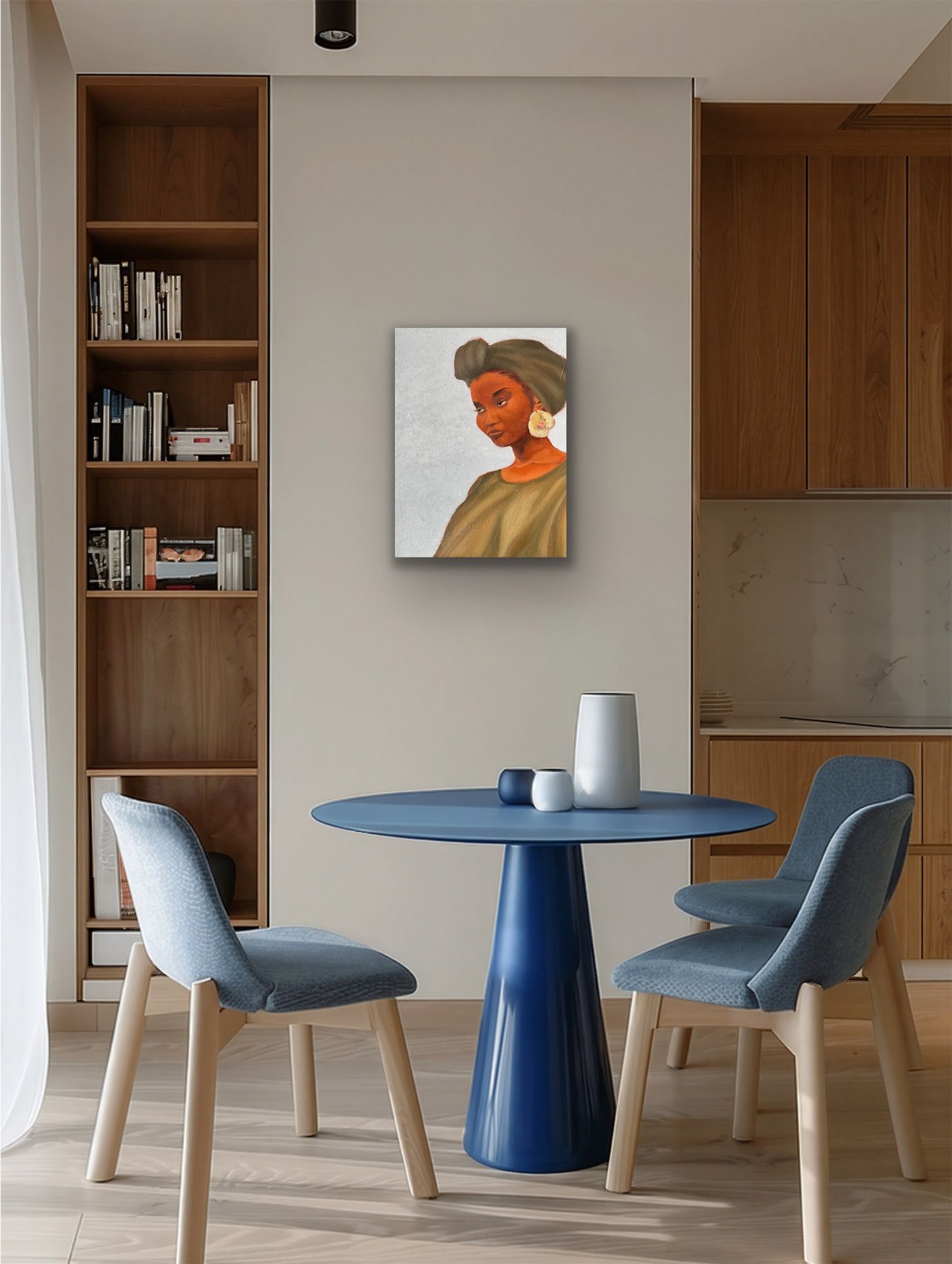 Rock oil painting of woman with green headwrap, dress and flower earring