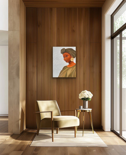 Rock oil painting of woman with green headwrap, dress and flower earring