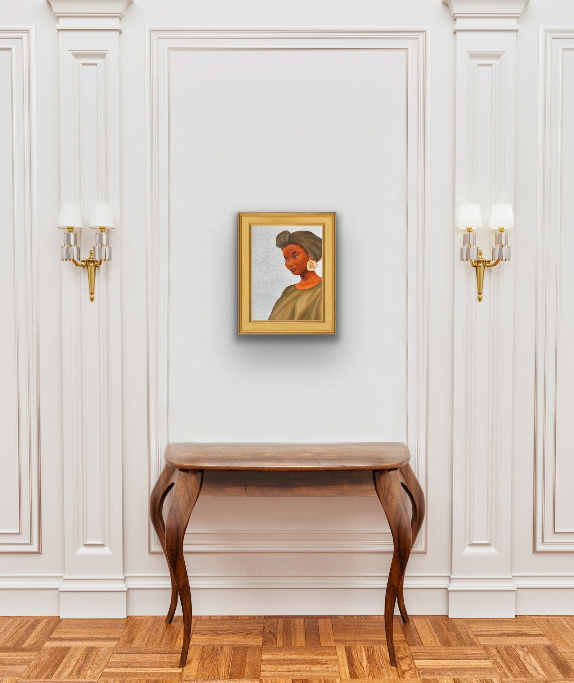 Rock oil painting of woman with green headwrap, dress and flower earring