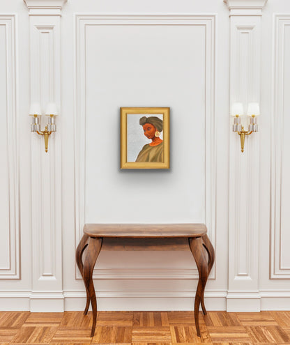 Rock oil painting of woman with green headwrap, dress and flower earring