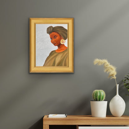 Rock oil painting of woman with green headwrap, dress and flower earring