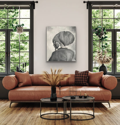 Black and white painting of woman with headwrap