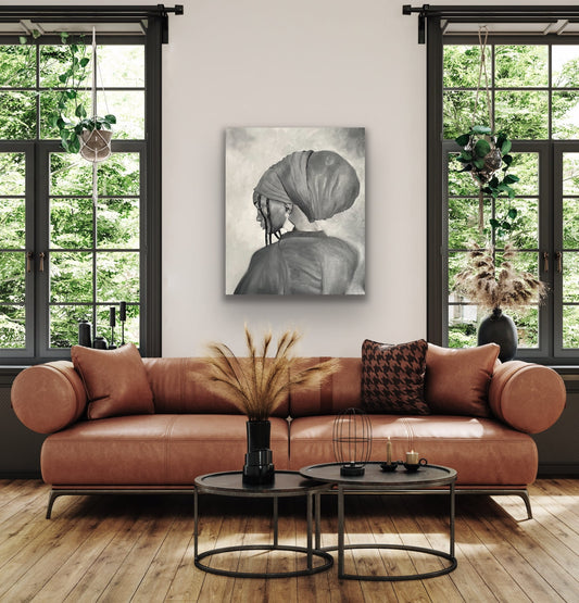 Black and white painting of woman with headwrap